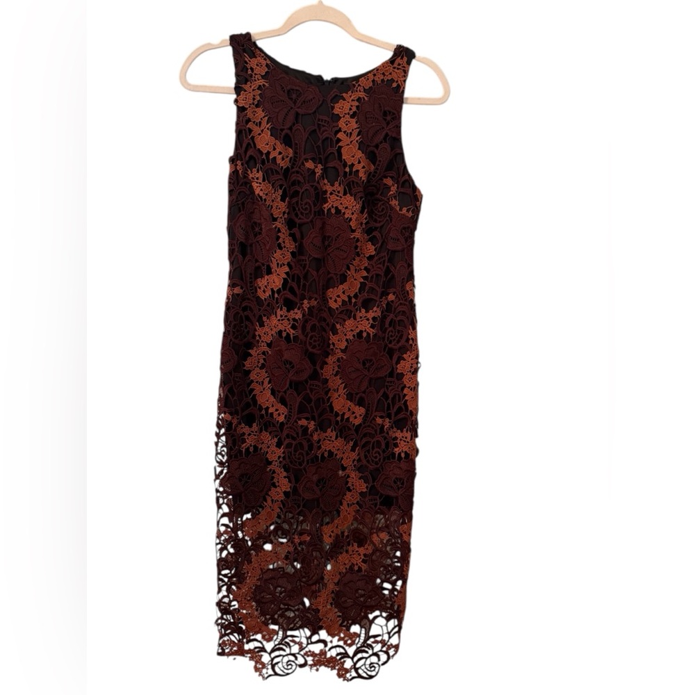 Alexia Admor Dress Two-Tone Floral Lace Overlay Midi Dress Burgundy Rust Black